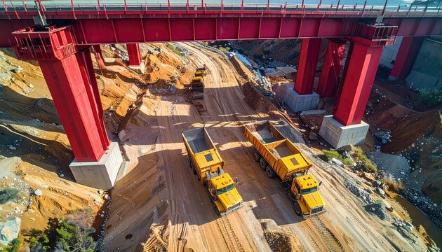 Bright red bridge structure over busy construction site with yellow trucks