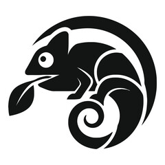 Black silhouette of a chameleon curled up eating a leaf side view icon © Sojib