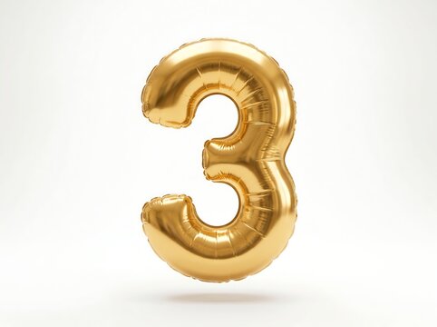 Golden inflatable number three balloon floating on white background celebration.