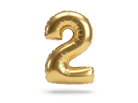 Golden inflatable number two balloon floating on white background celebration.