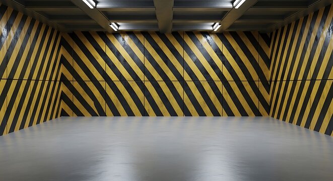 Empty square room with Abstract empty underground parking metal background with caution stripes