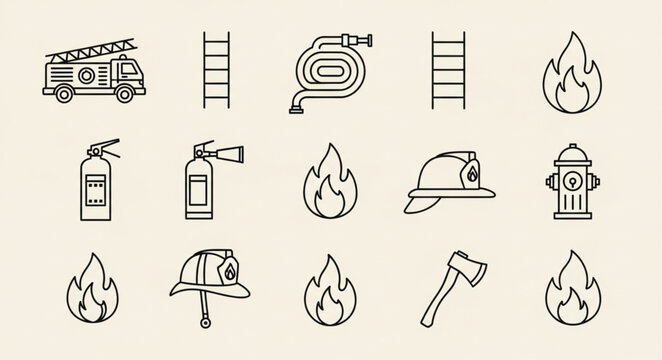 Firefighter equipment and symbols illustration set.
