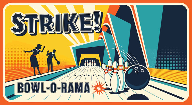 Vintage Bowling Alley Illustration Depicting a Strike and Enthusiastic Players.