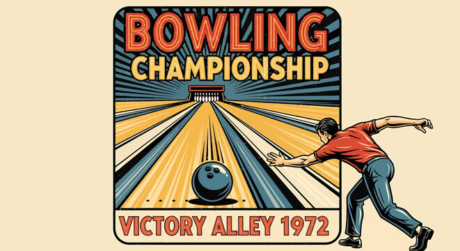 Vintage Bowling Championship Poster Depicting a Player in Action, Victory Alley 1972.