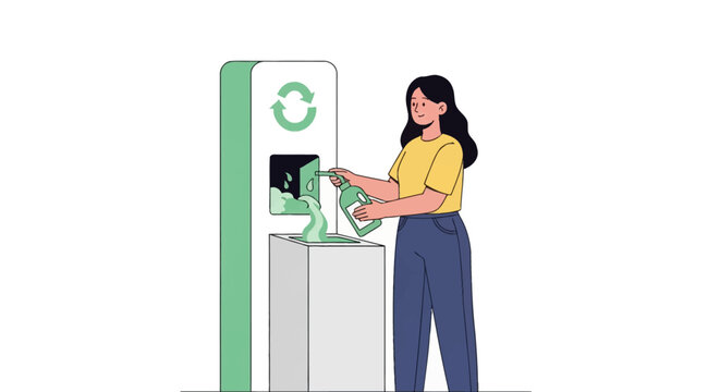 Flat vector illustration of a woman using an eco-friendly liquid detergent refill station to fill a reusable plastic bottle, featuring a green recycling loop icon and clean design.