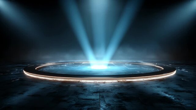 Abstract dark background showcasing dynamic blue light emanating from central futuristic circle with smoke effect, ideal for product showcases or virtual presentations and technology-themed projects.