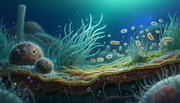 Microscopic view of Anabaena cyanobacteria forming multicellular structures with complex cytoskeleton and protein filaments