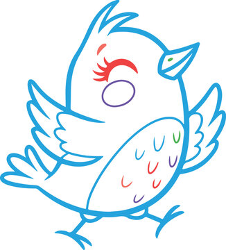 Happy blue cartoon bird illustration with colorful feather accents on transparent background for kids graphic design project template vector art print decor.