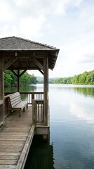 Fototapeta premium Wooden gazebo on a calm lake with forested hills in the background under a cloudy sky