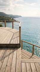 Obraz premium Wooden deck overlooking a serene turquoise sea and coastline with lush green hills under a bright sunny sky