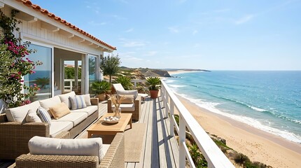 Fototapeta premium Beautiful oceanfront villa with a spacious patio and comfortable seating offering stunning sea views and a relaxing coastal atmosphere