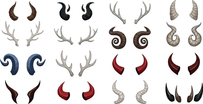 Fantasy Horn and Antler Collection with Demon, Animal, and Mythical Creature Elements for Game and Halloween Designs