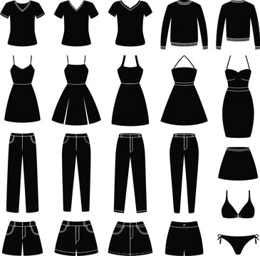 Collection of black clothing silhouettes including t shirts sweaters dresses trousers skirts and swimwear arranged in a grid pattern on a white background for fashion apparel reference