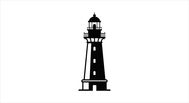 Lighthouse silhouette on white background, a beacon of light guiding ships at sea