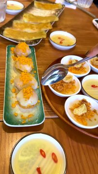Vietnamese Banh Beo Hue Rice Cakes with Shrimp Flakes and Pork Rind