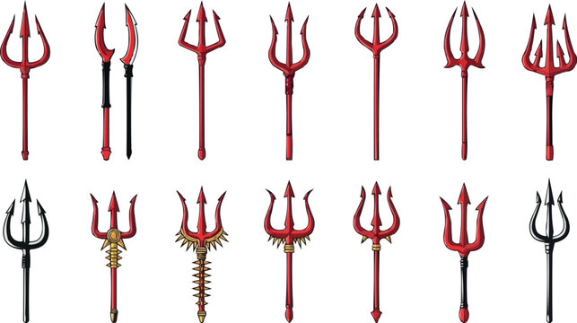 Fantasy Devil Trident Collection with Red and Black Demon Pitchfork Weapons for Halloween and Dark Mythology Designs