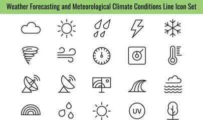 Naklejka premium Weather forecasting and meteorological climate conditions line icon set