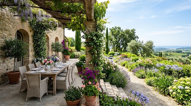 Elegant Tuscan villa terrace dining table set for outdoor meal surrounded by lush gardens and panoramic countryside views