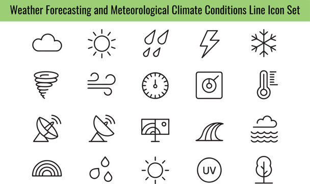 Weather forecasting and meteorological climate conditions line icon set