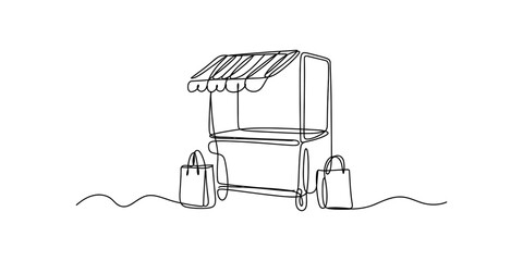 Single line drawing of a street food cart with shopping bags Vector, illustration © Badhon_Designer