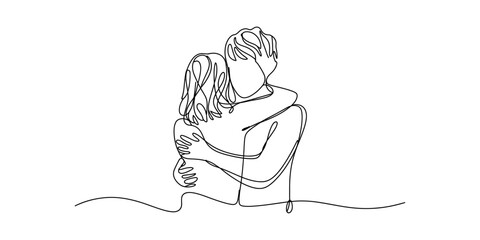 Obraz premium Couple hugging, single line drawing, romantic embrace, love and connection Vector, illustration
