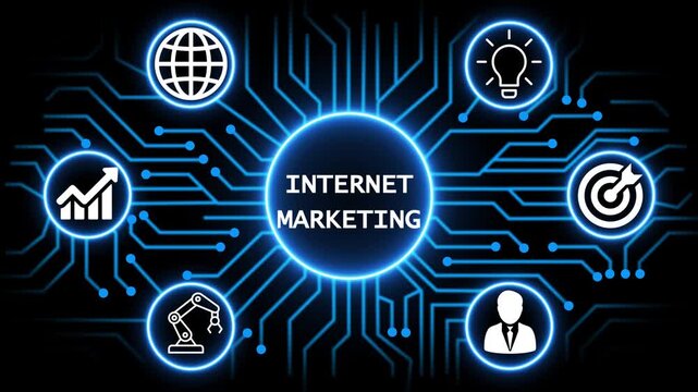 internet marketing concept with circuit lines and digital symbols hovering above a businessman, technology. manufacturing process management all connected in a digital circle like pattern.