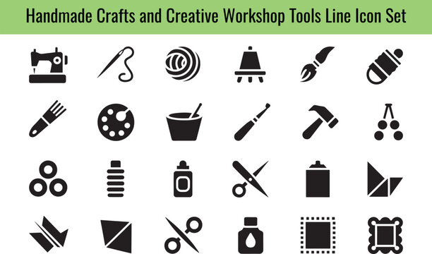 Handmade crafts and creative workshop tools icon set