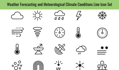 Naklejka premium Weather forecasting and meteorological climate conditions line icon set