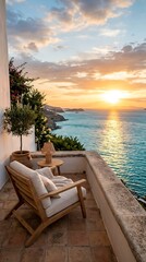Obraz premium Serene balcony overlooking turquoise sea at sunset with comfortable armchair and potted plant