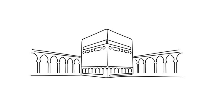 Simple line drawing of the kaaba in mecca with surrounding arches Vector, illustration