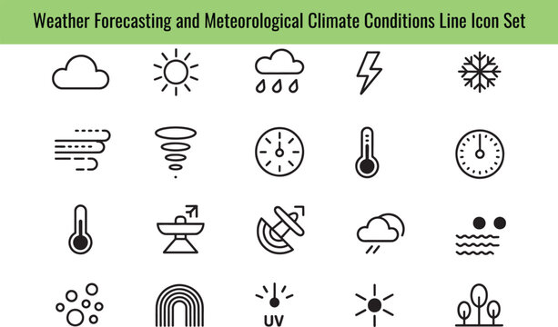 Weather forecasting and meteorological climate conditions line icon set