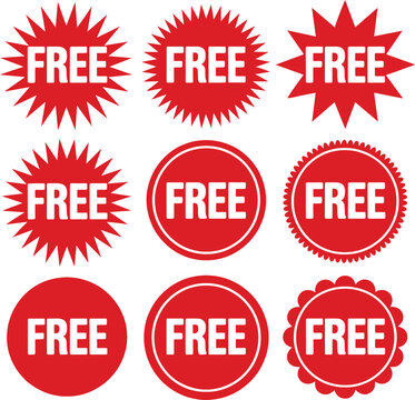 Set of nine red circular and starburst shaped labels with the white text f r e centered inside each isolated on a white background for retail marketing and promotional