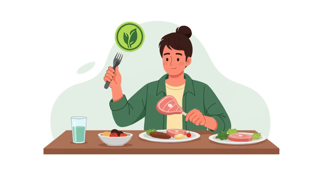 Flat vector illustration of a person sitting at a wooden table eating meat dishes with a green plant icon floating above, symbolizing a conscious choice for plant-based food options.