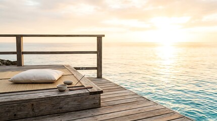 Obraz premium Serene ocean view meditation deck at sunrise with calming waves and golden sunlight creating a peaceful atmosphere for mindfulness and relaxation