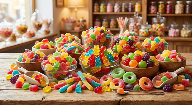 Assorted colorful gummy candies and jelly sweets in bowls on a rustic wooden table