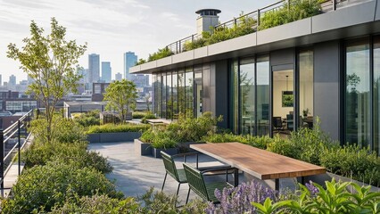 Fototapeta premium City rooftop garden features plants, seating, and views of skyline during bright day in urban area
