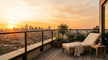 Obraz premium Luxury rooftop terrace with city skyline sunset view chaise lounge and plants serene urban escape