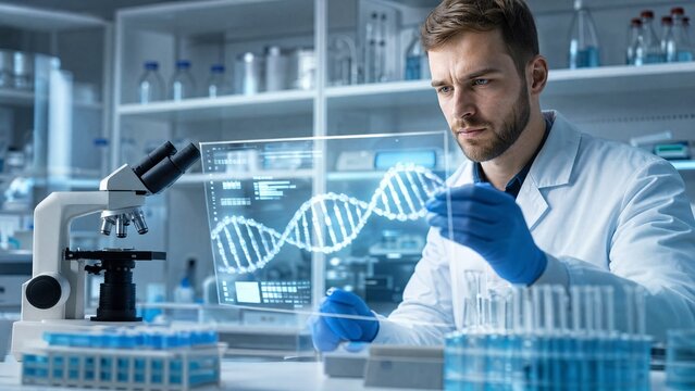 Scientist examines DNA data in laboratory setting while using advanced technology for research