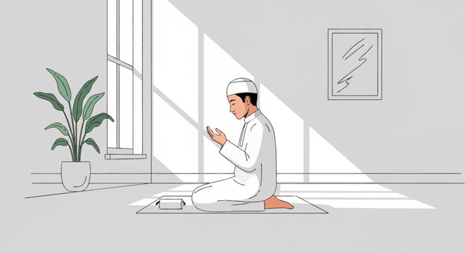 Young Muslim man in white thobe and kufi cap kneeling on a prayer mat while performing supplication or Dua in a bright minimalist room with sunlight and a potted plant.