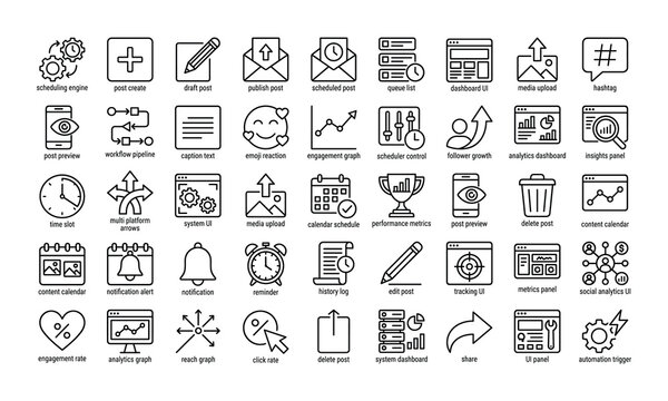 Black and white line for social media management and creation, including symbols for posting, engagement, and analytics