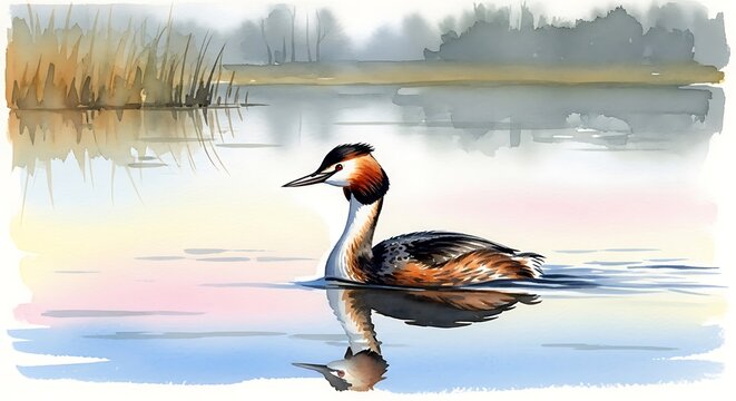 Graceful grebe gliding across serene waters in natural habitat