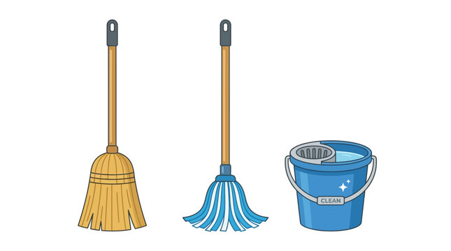 Broom mop and cleaning bucket tools.