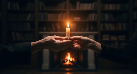 Two people passing a lit candle in a dark library with a warm fireplace background for mentorship concept