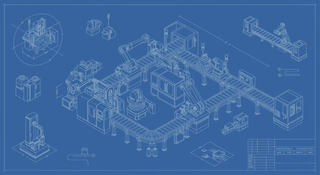 Blueprint of an Industrial Factory Complex with Detailed Machinery and Layout.