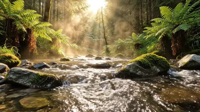Sun rays shining through morning mist in a lush green temperate forest