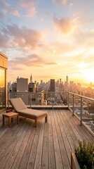 Obraz premium Rooftop terrace with city skyline at sunset relaxation lounger urban oasis luxury living modern architecture panoramic view tranquil escape