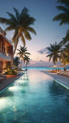 Fototapeta premium A luxury tropical resort features a turquoise swimming pool surrounded by lush palm trees under a clear summer sky for a relaxing island vacation