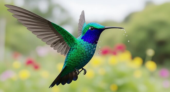 A vibrant hummingbird gracefully hovering near colorful flowers in flight