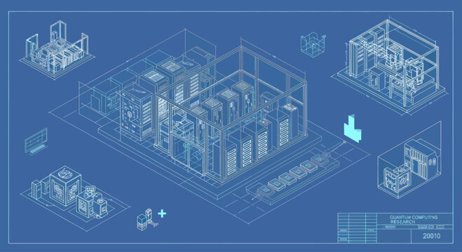 Blueprint of industrial complex with detailed isometric views.