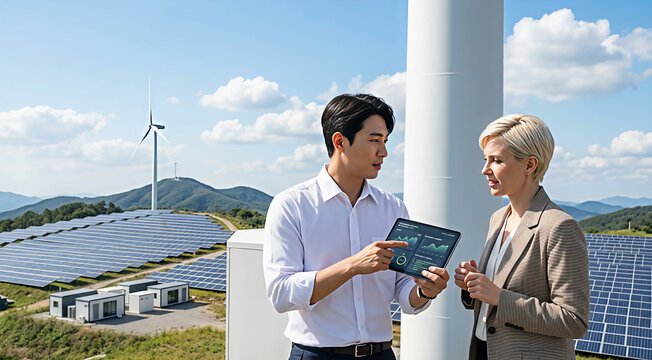 Diverse engineers discussing data on a tablet at a renewable energy wind and solar farm